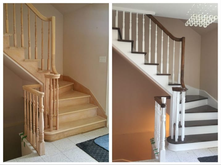 Before and after: a staircase rebuilt with dark-stained treads and handrail against white risers and balusters