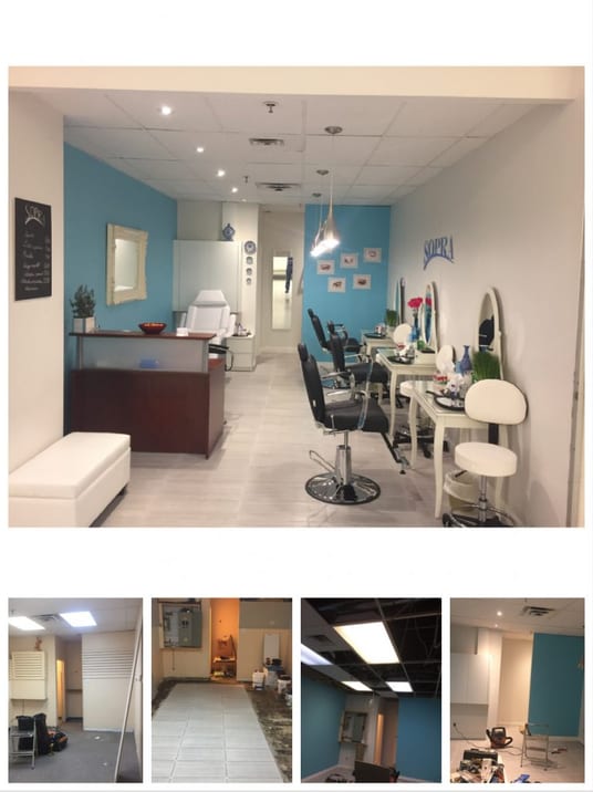 Commercial project: a finished salon with blue accent walls and styling stations, above four photos of the space during construction